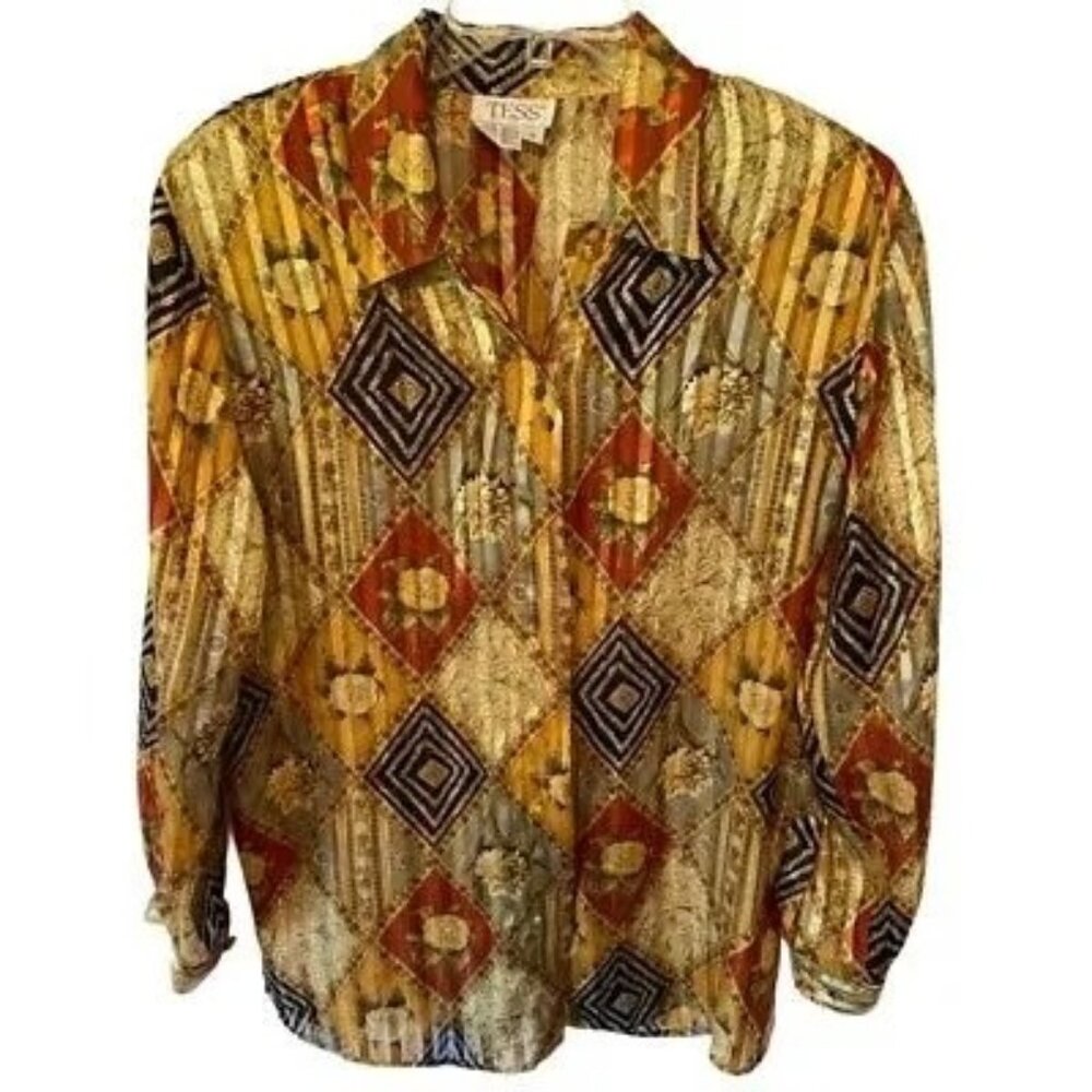 Vintage Tess M Long Sleeve Geometric Floral Button-Up Blouse NWOT